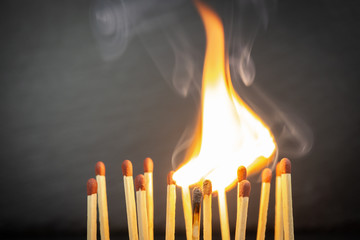 A group of matches, some of which are burning, symbol of onset of the covid-19 pandemic