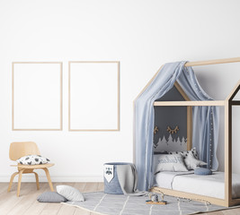 Mock up kids bedroom in white background, modern nursery style, tow frames, 3D render, 3D illustration