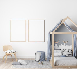 mock up kids bedroom in white background, modern blue interior, tow  wooden frames, 3D render, 3D illustration