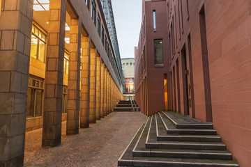 Buildings in Frankfurt am Main Morning. Frankfurt architecture with central banks. 08.11.2019, Frankfurt am main, Germany.