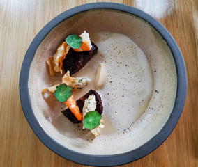 Gourmet Japanese food plated top view. Michelin Stars delicious food.