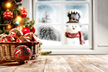 Wooden desk of free space and winter window sill