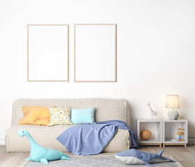 Mock Up Sofa In Children Bedroom, nursery,  Scandinavian Style Interior Background, 3D render, 3D illustration