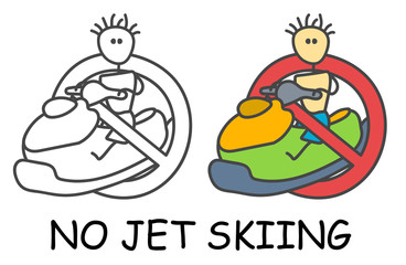 Funny vector stick man on Jet Ski in children's style. Ban on spam sign red prohibition. Stop symbol. Prohibition icon sticker for area places. Isolated on white background.