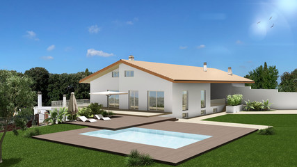Modern exterior design, mediterranean white villa with pool and garden, trees and plants
