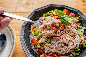 Yum,Rice Noodles Salad,Salad,Rice noodle salad with pickled fish sauce,Thai food