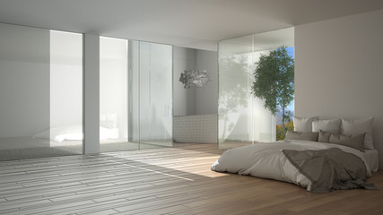 Architect interior designer concept: unfinished project that becomes real, bedroom with bathroom, parquet, big panoramic window, glass, bed, bathtub, minimalistic interior design