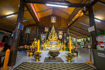 Fototapeta na wymiar Wat Tham Khao Wong - Uthai Thani: 3 November 2019, the atmosphere inside the temple, there are people, tourists, frequented by the temples and making merit while traveling, Ban Rai, UthaiThani,Thailad