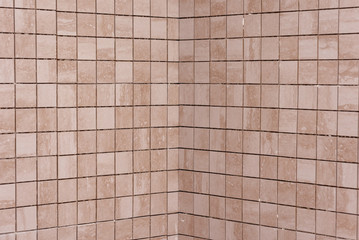 Renovation work performed by the master in the shower room for lining the walls and floors with decorative mosaics using a special tool and white glue for ceramic tiles.