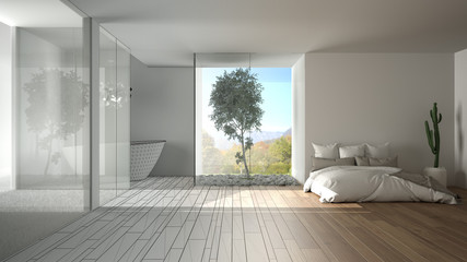 Architect interior designer concept: unfinished project that becomes real, bedroom with bathroom, parquet, big panoramic window, glass, bed, bathtub, minimalistic interior design