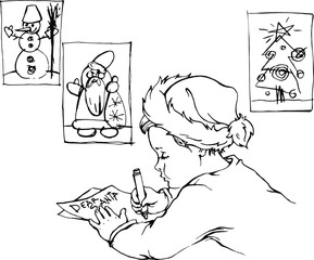 Vector hand drawn linear illustration. Sketch. Cute little boy wearing santa cap writing the letter to Santa Claus. Child pictures with new year or christmas themes. Snow man , fur tree.