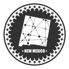 Image relative to USA travel. New Mexico state map textured by lines and dots pattern. Stamp in the shape of a circle