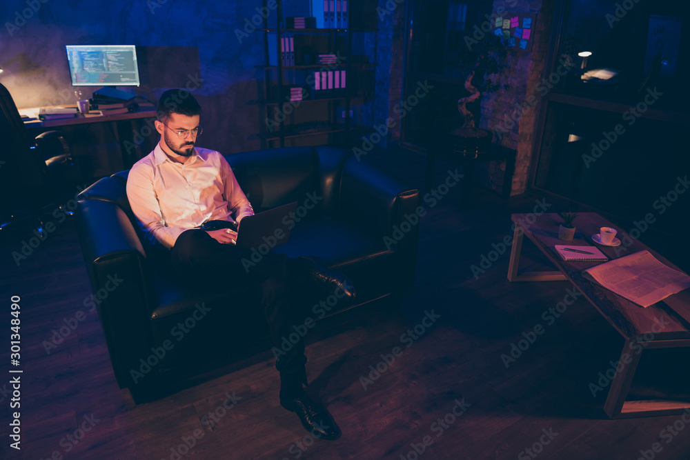 Poster full length body size photo of interested pensive intelligent smart serious man solving all problems