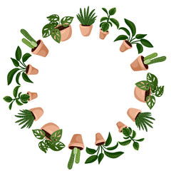 Naklejka premium Cute succulents cartoon style wreath ornament design. Set of hygge potted succulent plants. Cozy lagom scandinavian style collection of plants