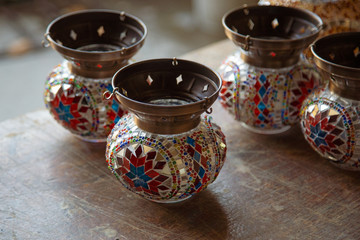 Turkish handmade symbolic ceramic cups on wooden background. Ceramic traditional turkish souvenir...