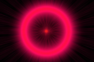 Neon round shining object in the dark. Pink starlights