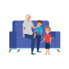 grandmother with grandchildren sitting in sofa vector illustration design
