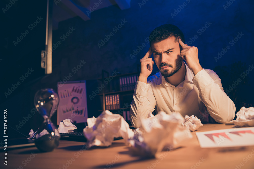 Poster photo of pensive evil angry dizzy man trying to come up with some ideas about developing his project