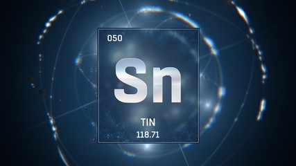 3D illustration of Tin as Element 50 of the Periodic Table. Blue illuminated atom design background with orbiting electrons. Design shows name, atomic weight and element number