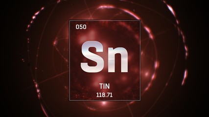 3D illustration of Tin as Element 50 of the Periodic Table. Red illuminated atom design background with orbiting electrons. Design shows name, atomic weight and element number