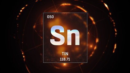 3D illustration of Tin as Element 50 of the Periodic Table. Orange illuminated atom design background with orbiting electrons. Design shows name, atomic weight and element number