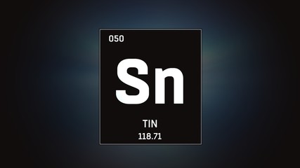3D illustration of Tin as Element 50 of the Periodic Table. Grey illuminated atom design background with orbiting electrons. Design shows name, atomic weight and element number