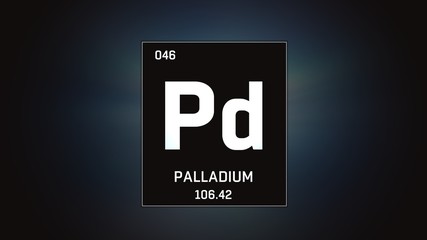 3D illustration of Palladium as Element 46 of the Periodic Table. Grey illuminated atom design background with orbiting electrons. Design shows name, atomic weight and element number