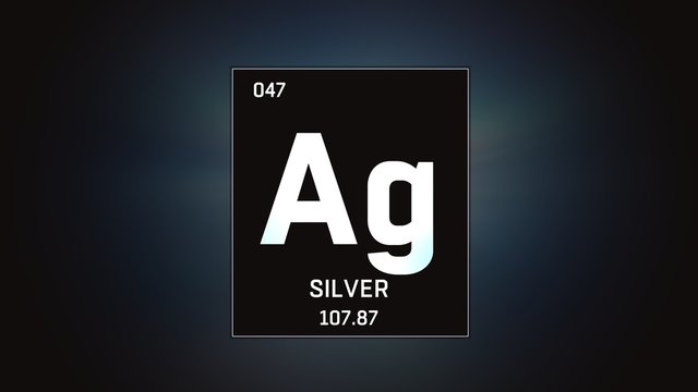 3D illustration of Silver as Element 47 of the Periodic Table. Grey illuminated atom design background with orbiting electrons. Design shows name, atomic weight and element number