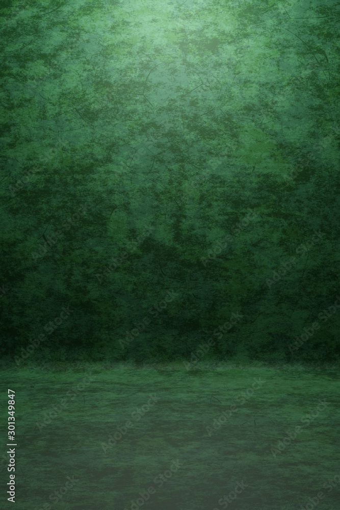 Poster photo studio portrait backdrop. background painted scratch texture dark green with spot light. 3d re