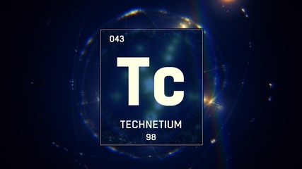 3D illustration of Technetium as Element 43 of the Periodic Table. Blue illuminated atom design background with orbiting electrons. Design shows name, atomic weight and element number