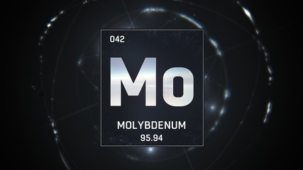 3D illustration of Molybdenum as Element 42 of the Periodic Table. Silver illuminated atom design background with orbiting electrons. Design shows name, atomic weight and element number