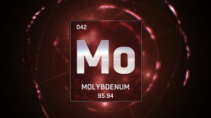 3D illustration of Molybdenum as Element 42 of the Periodic Table. Red illuminated atom design background with orbiting electrons. Design shows name, atomic weight and element number