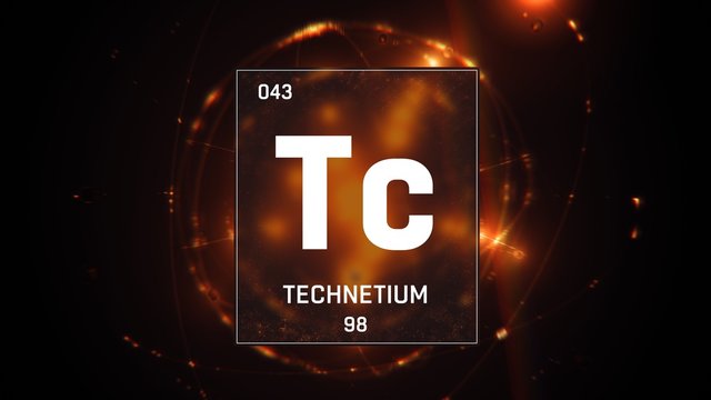 3D illustration of Technetium as Element 43 of the Periodic Table. Orange illuminated atom design background with orbiting electrons. Design shows name, atomic weight and element number