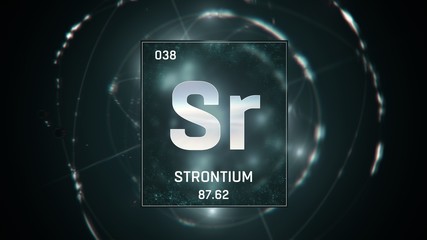 3D illustration of Strontium as Element 38 of the Periodic Table. Green illuminated atom design background with orbiting electrons. Design shows name, atomic weight and element number