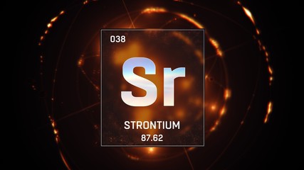 3D illustration of Strontium as Element 38 of the Periodic Table. Orange illuminated atom design background with orbiting electrons. Design shows name, atomic weight and element number
