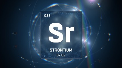 3D illustration of Strontium as Element 38 of the Periodic Table. Blue illuminated atom design background with orbiting electrons. Design shows name, atomic weight and element number