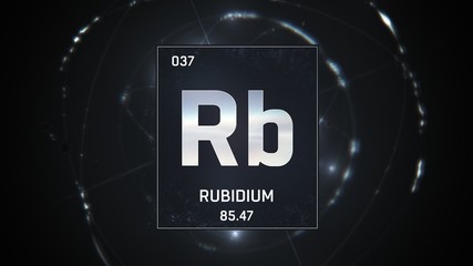 3D illustration of Rubidium as Element 37 of the Periodic Table. Silver illuminated atom design...