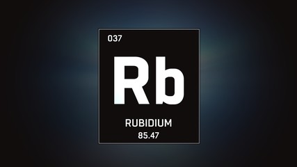 3D illustration of Rubidium as Element 37 of the Periodic Table. Grey illuminated atom design background with orbiting electrons. Design shows name, atomic weight and element number