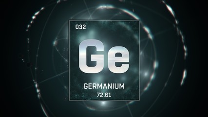 3D illustration of Germanium as Element 32 of the Periodic Table. Green illuminated atom design background with orbiting electrons. Design shows name, atomic weight and element number