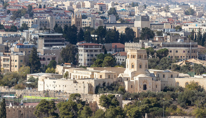 Fototapeta na wymiar View of Rockefeller Museum from on Mount Eleon - Mount of Olives in East Jerusalem in Israel