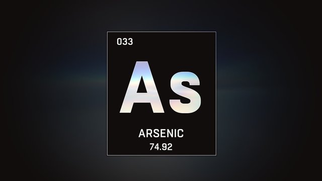 3D illustration of Arsenic as Element 33 of the Periodic Table. Grey illuminated atom design background with orbiting electrons. Design shows name, atomic weight and element number