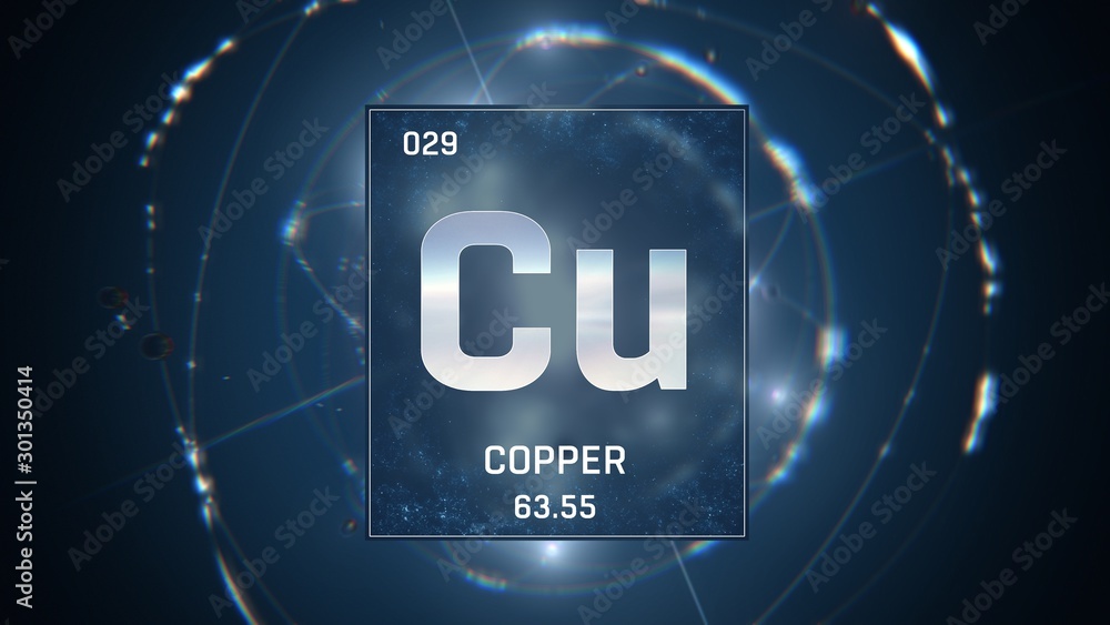 Canvas Prints 3d illustration of copper as element 29 of the periodic table. blue illuminated atom design backgrou