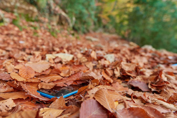 Mobile lost in the middle of the autumn leaves in the middle of the road, blue mobile, covered in brown leaves, is trodden by someone since it is dirty