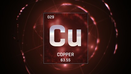 3D illustration of Copper as Element 29 of the Periodic Table. Red illuminated atom design...