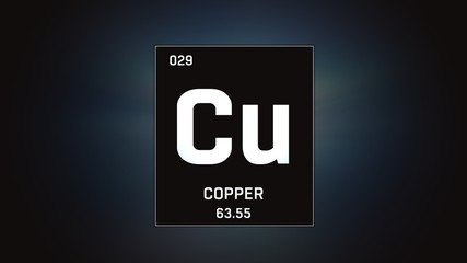3D illustration of Copper as Element 29 of the Periodic Table. Grey illuminated atom design background with orbiting electrons. Design shows name, atomic weight and element number