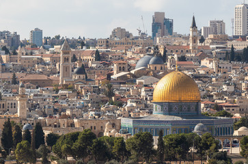 Naklejka premium View of the Temple Mount, the old and modern city of Jerusalem from Mount Eleon - Mount of Olives in East Jerusalem in Israel