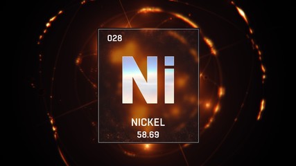 3D illustration of Nickel as Element 28 of the Periodic Table. Orange illuminated atom design...