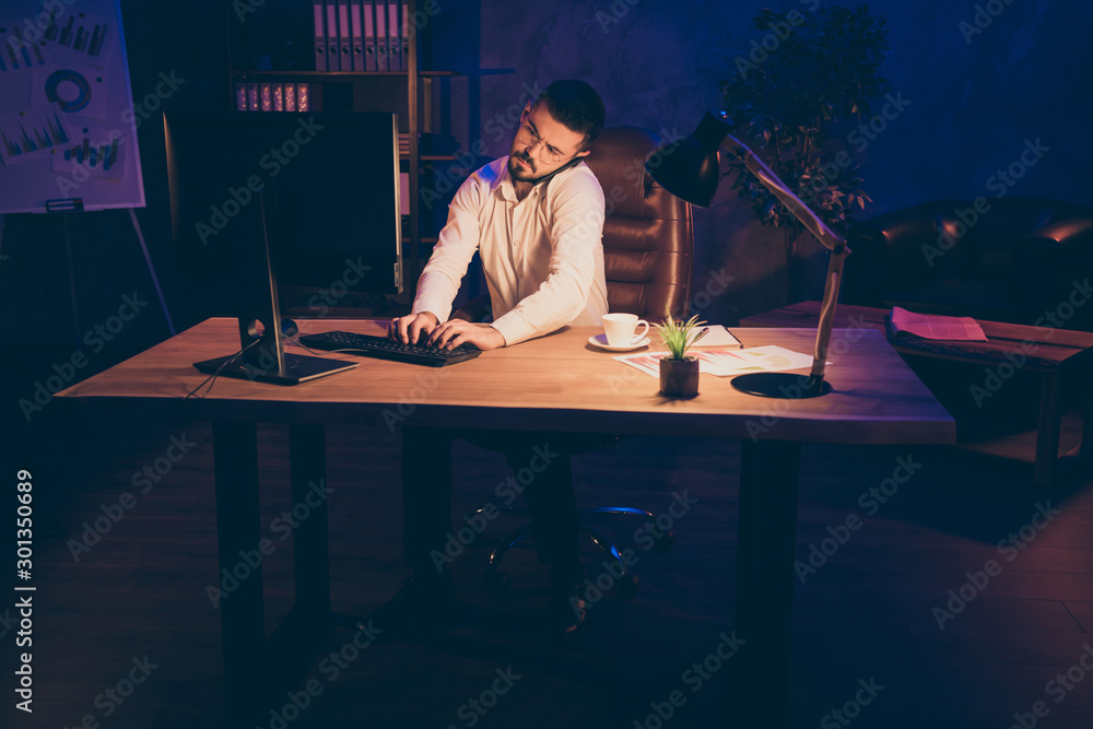 Poster full length body size photo of pensive thoughtful worker listening to problem of his client round th