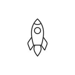Outline rocket ship with fire. Isolated on white. Flat line icon. Vector illustration with flying rocket.