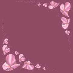 purple  background with   pink heart flowers copy space